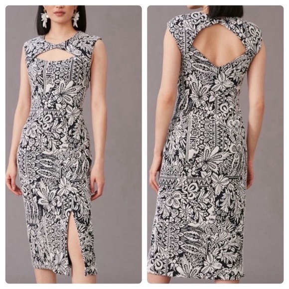 Anthropologie Black & White Jacquard Cut-Out Midi Dress Keyhole Fitted M cute - Picture 4 of 14